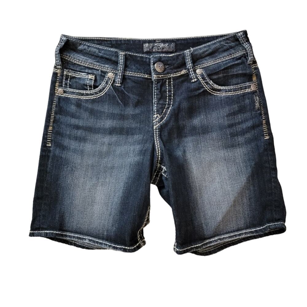 Silver Jeans Dark Blue/White Stitch Suki Mid-Rise Shorts Size 27